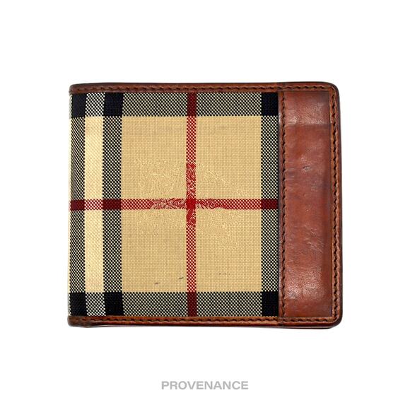 🔴 Burberry Nova Check Canvas Bifold Wallet - Brown Leather - Picture 1 of 8